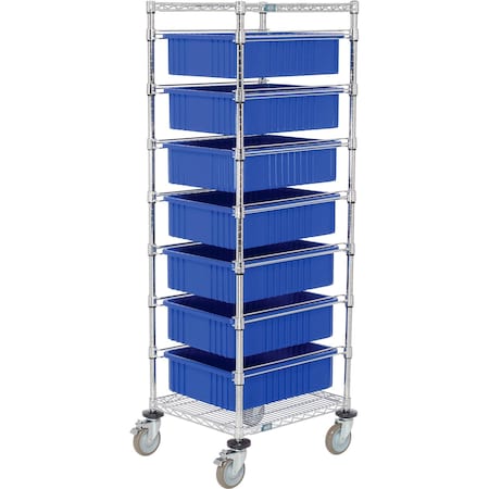 Global Industrial Chrome Wire Cart With 7 6inH Blue Grid Containers, 21x24x69 269028BL